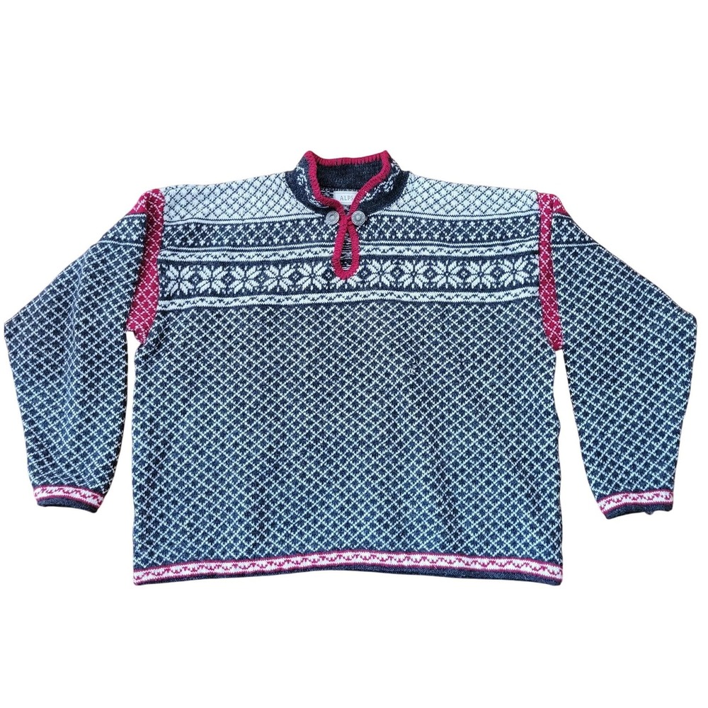 Alps XL Wool Nordic Sweater Metal Buttons Black White Gray Red Y2K 90s